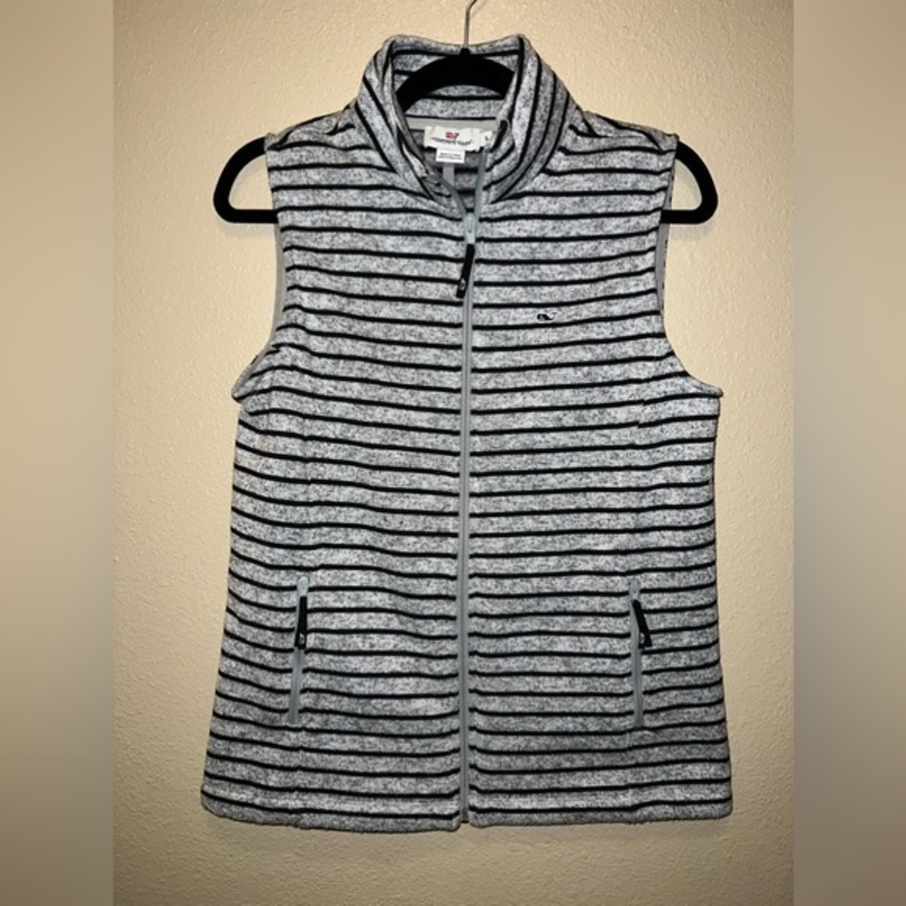 Vineyard Vines grey black striped full zip knit‎ vest sz small zip pockets logo